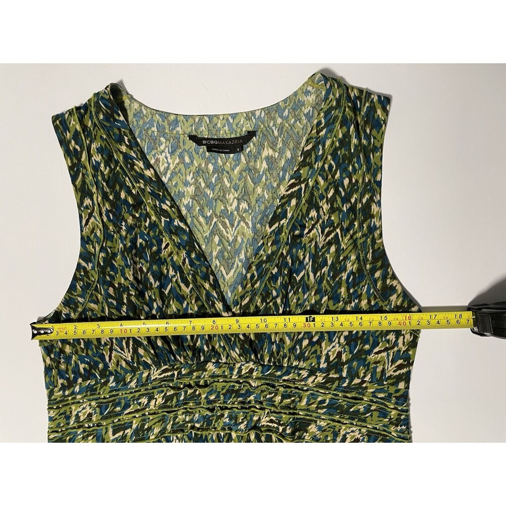 BCBG Maxazria Multicolor Green Brown Teal V-neck Empire Waist Sleeveless Dress S - Picture 5 of 7